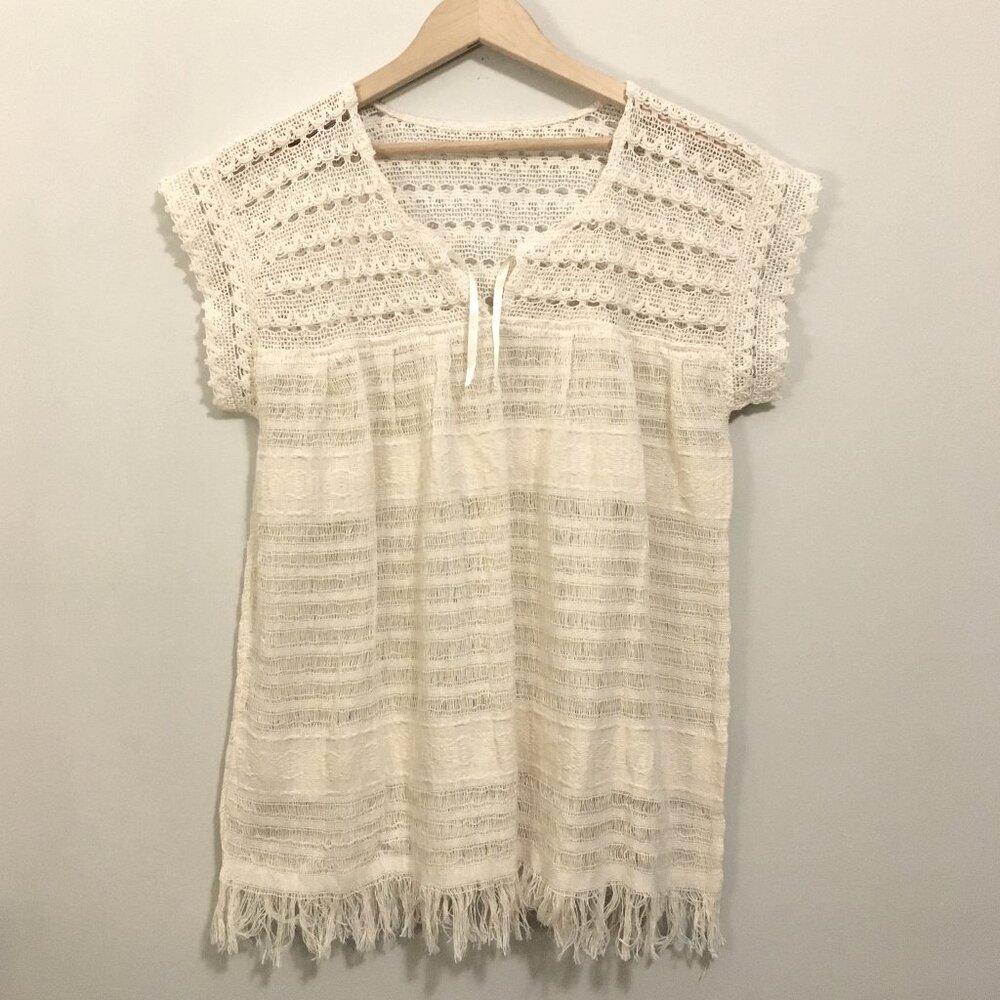 Handmade White Witch Crochet Lace Up Fringe Boho Tunic Top M